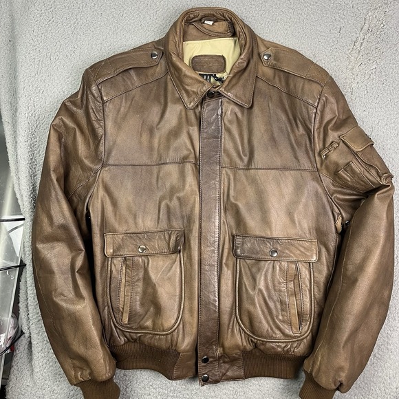 Vintage 80s Thunder Wear‎ Leather Jacket Military Brown Coat Men's Size 44